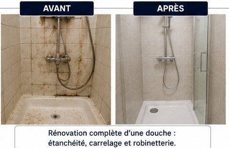 Rénovation complète d'une douche : étanchéité, carrelage, robinetterie